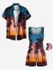 Plus Size Coconut Tree Ombre Sky Oil Painting Print Cinched Hawaii Romper -  