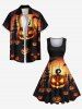 Plus Size Halloween Pumpkin Lantern Bat Moon Castle Print 1950s Vintage Dress -  