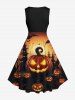 Plus Size Halloween Pumpkin Lantern Bat Moon Castle Print 1950s Vintage Dress -  