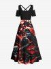 Plus Size Skull Crow Tree Branch Moon Print Halloween Cold Shoulder Crisscross A Line Maxi Dress -  