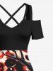 Plus Size Skull Crow Tree Branch Moon Print Halloween Cold Shoulder Crisscross A Line Maxi Dress -  