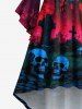 Plus Size Skull Tombstone Castle Moon Ombre Galaxy Print Halloween Ruched High Low Asymmetric Dress -  