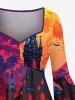 Plus Size Skull Tombstone Castle Moon Ombre Galaxy Print Halloween Ruched High Low Asymmetric Dress -  