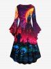 Plus Size Skull Tombstone Castle Moon Ombre Galaxy Print Halloween Ruched High Low Asymmetric Dress -  