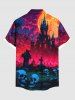 Plus Size Skull Tombstone Castle Moon Ombre Galaxy Print Halloween Button Pocket Shirt For Men -  
