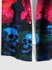 Plus Size Skull Tombstone Castle Moon Ombre Galaxy Print Halloween Button Pocket Shirt For Men -  