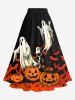 Jupe trapèze fendue grande taille à imprimé citrouille, fantôme, chauve-souris et arbre pour Halloween - Noir 5X