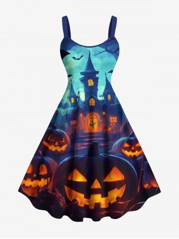 Plus Size Halloween Pumpkin Lantern Bat Moon Castle Print Tank Dress - BLUE - M