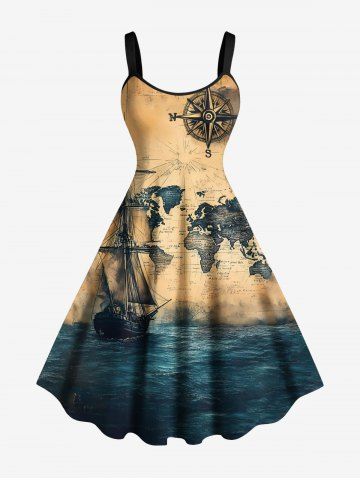 Plus Size Sea Map Ship Rudder Cruise Print Hawaii Tank Dress - LIGHT COFFEE - 6X