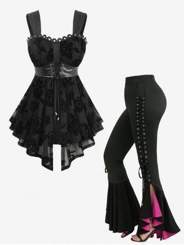 Rose Flower Flocking Mesh Lace-up Tank Top and Lettuce Flare Pants Plus Size Outfit - BLACK