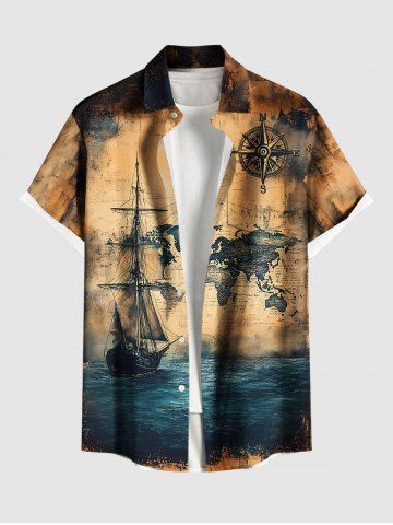 Plus Size Sea Map Ship Rudder Cruise Print Buttons Pocket Hawaii Shirt For Men - LIGHT COFFEE - XL