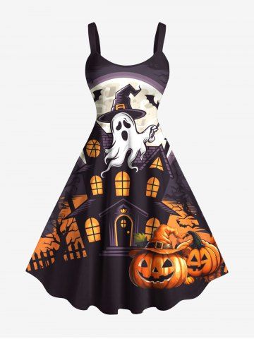 Plus Size Halloween Hat Pumpkin Ghost Bat Tree Castle Print Tank Dress - ORANGE - XXS