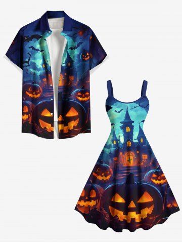 Halloween Pumpkin Lantern Bat Moon Castle Print Plus Size Matching Outfit For Couples - BLUE