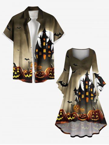 Halloween Pumpkin Bat Moon Ombre Castle Print Plus Size Matching Outfit For Couples - BROWN