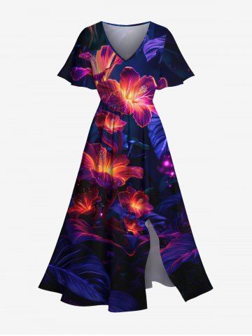 Plus Size Flowers Glitter 3D Print Split Hawaii Midi Dress - DEEP BLUE - XXS