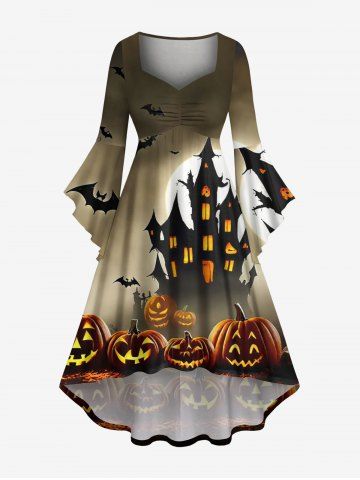 Plus Size Halloween Pumpkin Bat Moon Ombre Castle Print Ruched Flare Sleeves High Low Dress - BROWN - S