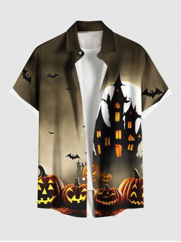 Plus Size Halloween Pumpkin Bat Moon Ombre Castle Print Buttons Pocket Shirt For Men - BROWN - S