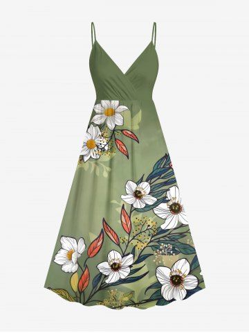 Plus Size Flowers Leaf Print Surplice Hawaii Cami Dress - GREEN - XXS