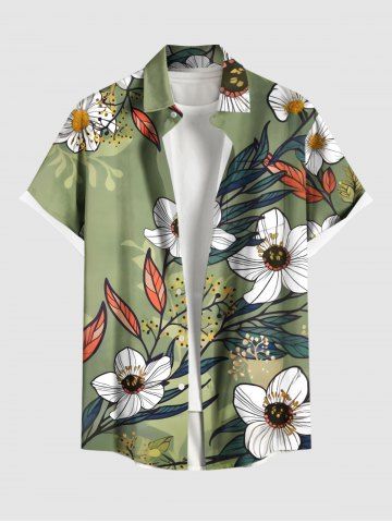 Plus Size Flowers Leaf Print Buttons Pocket Hawaii Shirt For Men - GREEN - 5XL