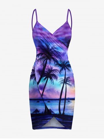 Plus Size Coconut Tree Tie Dye Seascape Print Convertible Hawaii Beach Cover - SKY BLUE - XXS