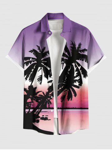 Plus Size Coconut Tree Seascape Ombre Print Buttons Pocket Hawaii Shirt For Men - LIGHT PURPLE - XL