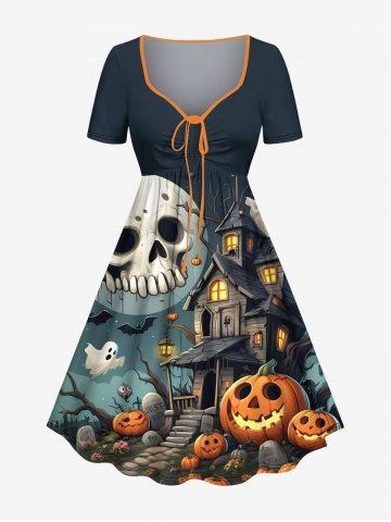 Plus Size Halloween Pumpkin Skull Ghost Bat Print Cinched Dress - DEEP GREEN - XXS