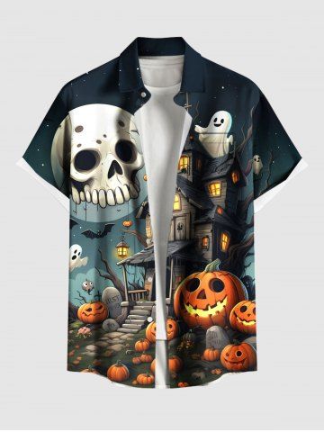 Plus Size Halloween Pumpkin Skull Ghost Bat Print Buttons Pocket Shirt For Men