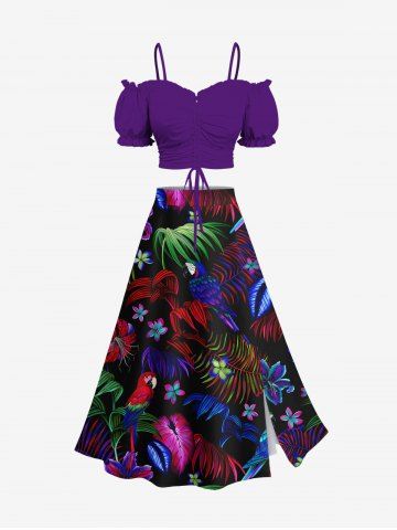 Solid Cinched Top and Ombre Tropical Leaf Hibiscus Flower Parrot Print Hawaii Split A Line Skirt Plus Size Matching Set - PURPLE