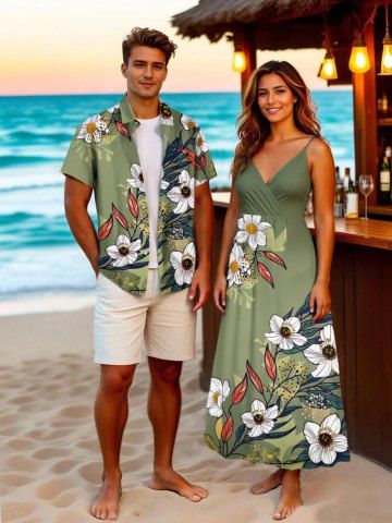 Flowers Leaf Print Plus Size Matching Hawaii Beach Outfit For Couples - GREEN