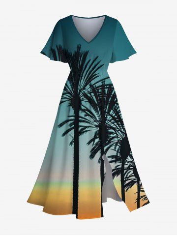 Plus Size Coconut Tree Ombre Sky Print Hawaii Split Pocket A Line Midi Dress - GREEN - 2X