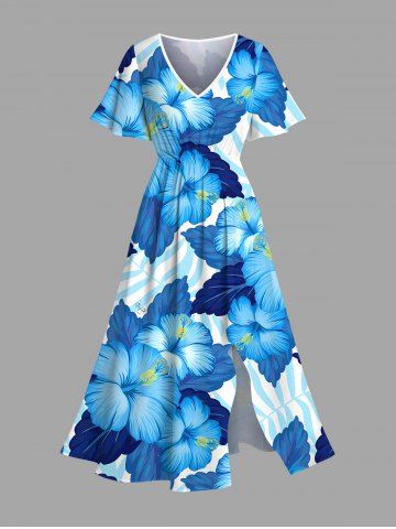Plus Size Tropical Leaf Hibiscus Flower Print Hawaii Split Pocket A Line Midi Dress - BLUE - XXS