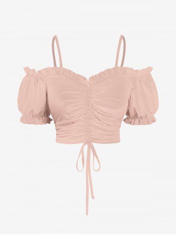 Plus Size Cold Shoulder Puff Sleeve Solid Cinched Top - LIGHT PINK - 3X