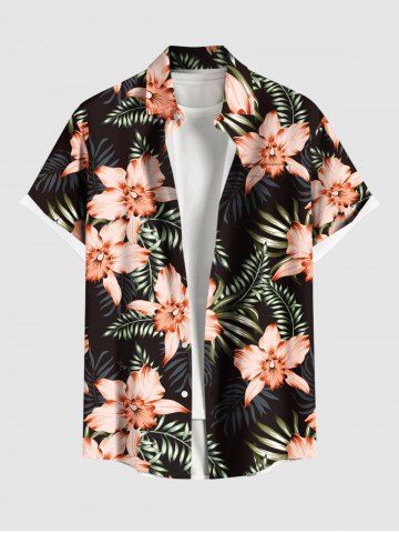 Plus Size Tropical Leaf Hibiscus Flower Print Hawaii Button Pocket Shirt For Men - BLACK - 5XL