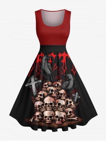 Plus Size Skull Crow Cross Letters Print Halloween 1950s Vintage Swing A Line Dress - RED WINE - M