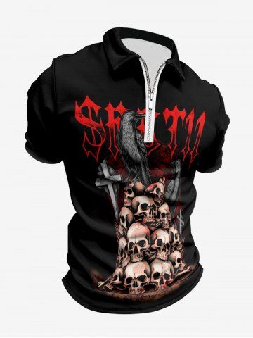 Plus Size Skull Crow Cross Letters Print Halloween Zipper Turn-down Collar Polo Shirt For Men - BLACK - 3XL