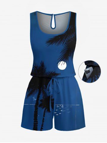 Plus Size Coconut Tree Moon Sea Print Hawaii Drawstring Pocket Romper - BLUE - 6X