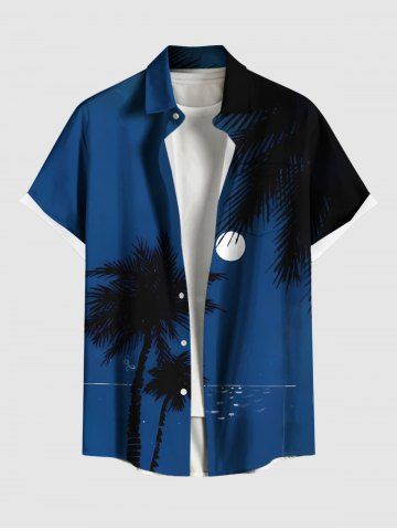 Plus Size Coconut Tree Moon Sea Print Hawaii Button Pocket Shirt For Men - BLUE - 6XL