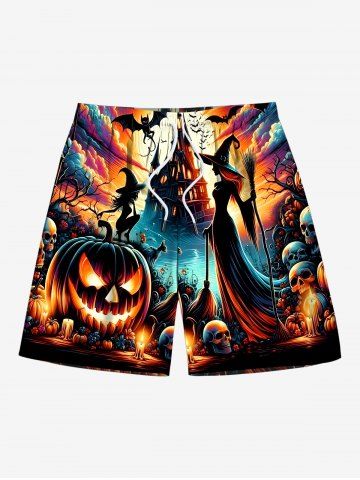 Plus Size Pumpkin Wizard Bat Castle Print Halloween Drawstring Pocket Beach Shorts For Men - ORANGE - 3XL