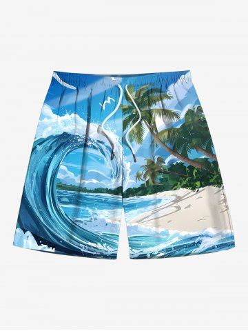 Plus Size Coconut Tree Sea Waves Beach Print Hawaii Drawstring Pocket Beach Shorts For Men - BLUE - 8XL
