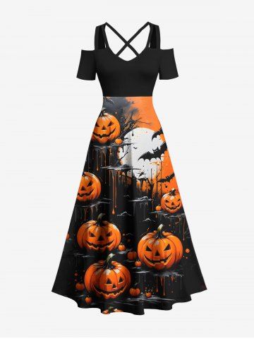 Plus Size Pumpkin Bat Moon Print Halloween Cold Shoulder Crisscross A Line Maxi Dress - BLACK - XXS