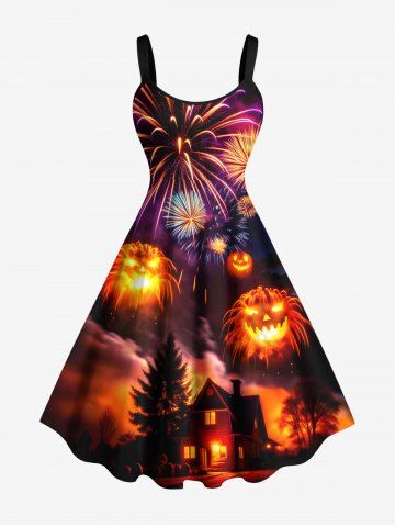 Plus Size Pumpkin Fireworks Galaxy Tree Castle Print Halloween A Line Tank Dress - ORANGE - XXS