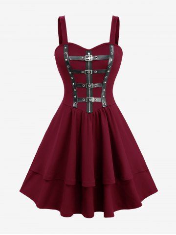 Star Zipper PU Strap Grommet Buckle Layered A Line Tank Dress - RED WINE - S