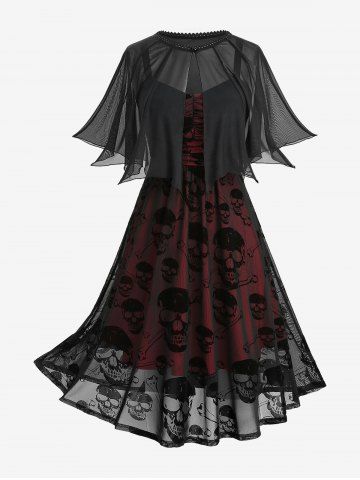 Plus Size Ruched Skull Flocking Mesh Tank Dress With Lace Trim Button Cover Cape - RED - 2X | US 18-20