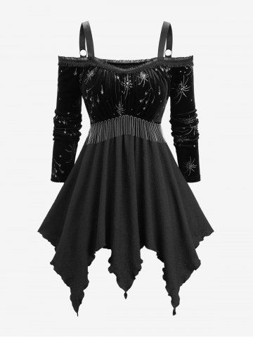 Plus Size Silver Stamping Fireworks Tassel Textured Patchwork Cold Shoulder Asymmetric Long Sleeve Top - BLACK - M | US 10