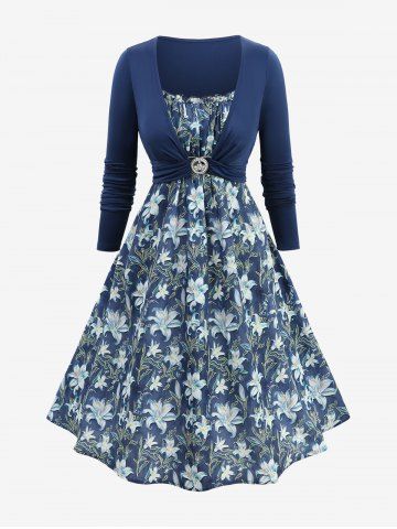 Plus Size Flowers Leaf Print Ruched Ruffles Cami Dress With Crown Buckle Crop Top - BLUE - 4X | US 26-28