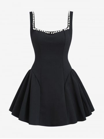 Women's Sexy Solid Color Faux Pearl Decor Low Cut Square Neck Non-adjustable Shoulder Straps Mini Fit And Flare Dress - BLACK - S