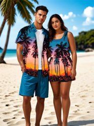 Matching Hawaii Shirt and Romper Plus Size Beach Outfit Coconut Tree Ombre Sky Oil Painting Printed for Couples -  