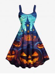 Robe débardeur grande taille à imprimé citrouille, lanterne, chauve-souris, lune, château, Halloween - Bleu 3X