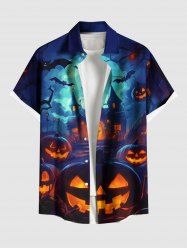 Plus Size Halloween Pumpkin Lantern Bat Moon Castle Print Buttons Pocket Shirt For Men -  