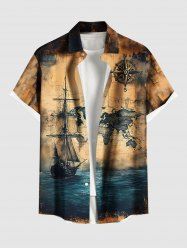 Plus Size Sea Map Ship Rudder Cruise Print Buttons Pocket Hawaii Shirt For Men -  